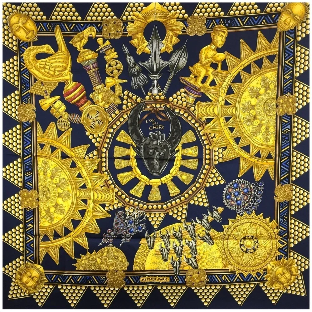Hermès Scarf “L'or des Chefs” Navy & Gold 100% Silk Scarf ~ RARE! ~ Includes Box